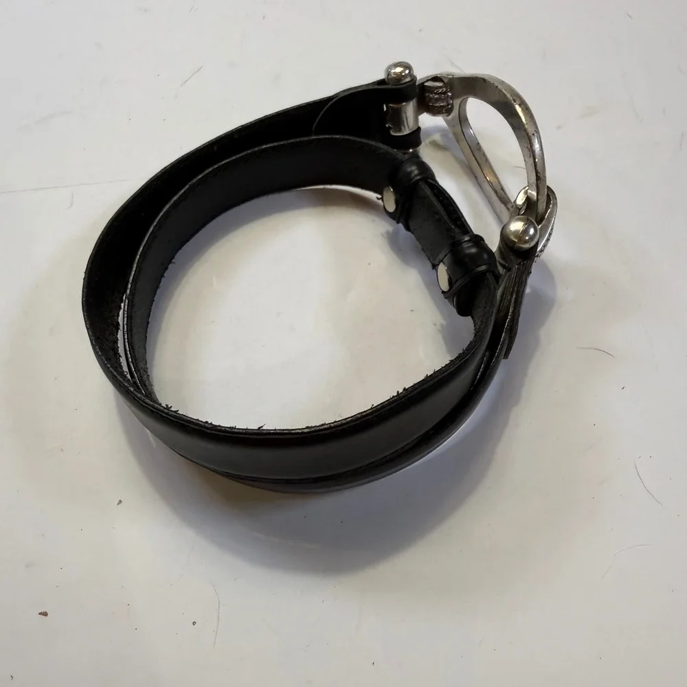 Black Leather Belt Oversized Silver Horseshoe Buckle Equestrian Small
